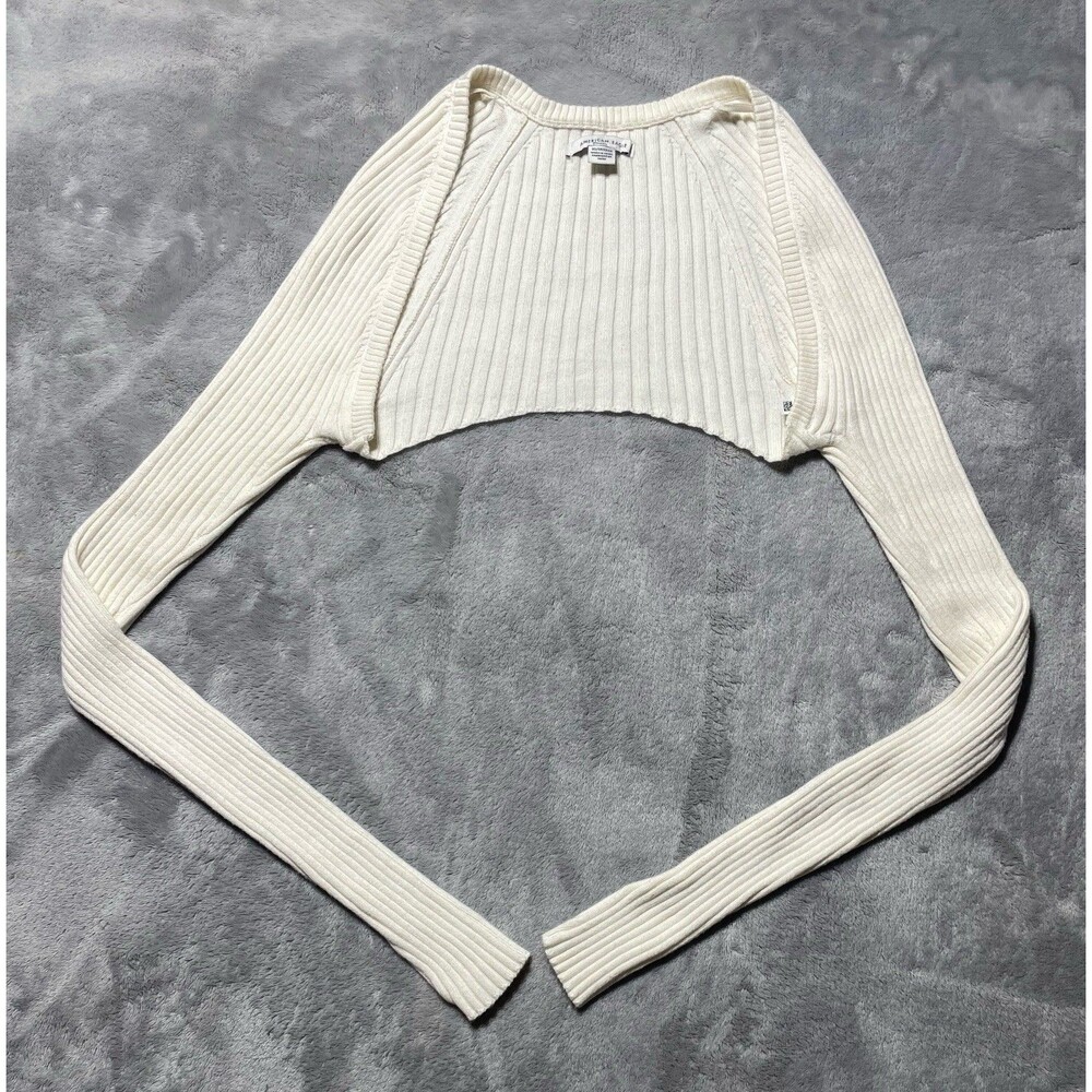 American Eagle Off White Ribbed Knit Bolero Shrug Cropped Sleeves Sweater Y2K XS